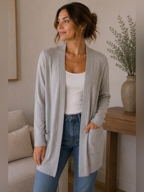 Light Gray Open Front Cardigan Size S Minimalist Lightweight Knit Neutral Cozy